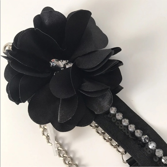 New York & Company Accessories Black Satin 3d Flower Chain Ribbon